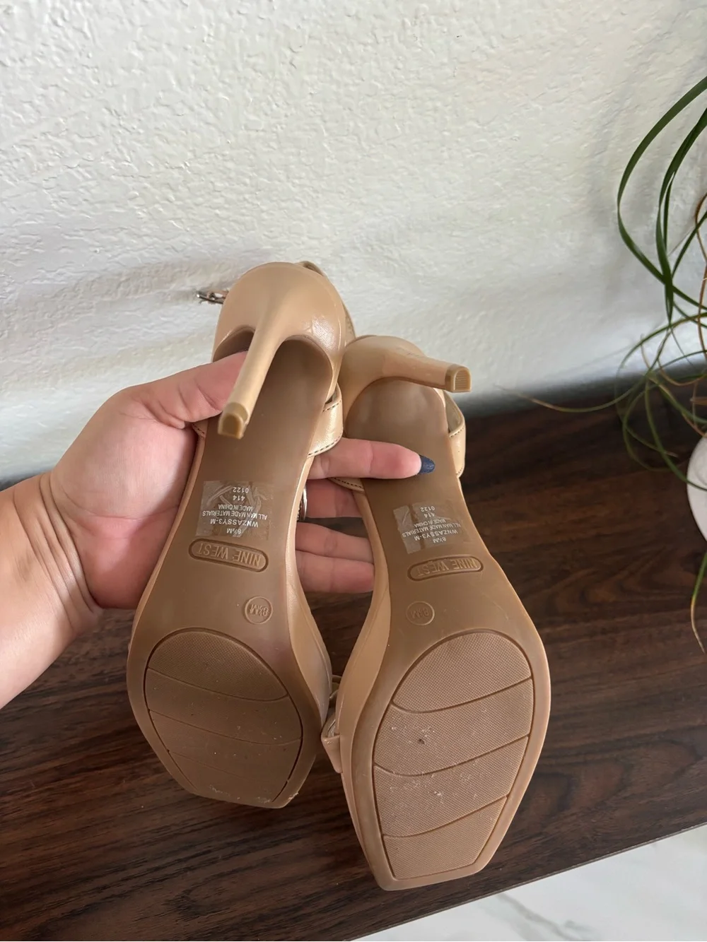 Nine West Nude Beige Ankle-Strap Square-Toe Heels